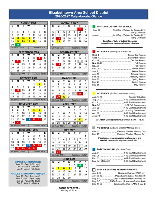 Elizabethtown Area School District 2026–2027 Academic Calendar