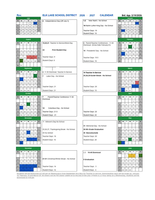 Elk Lake School District 2026–2027 Academic Calendar Page 1
