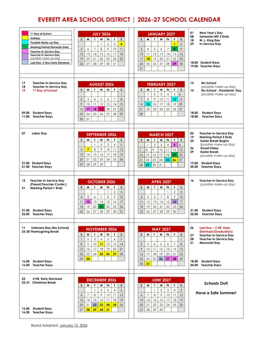 Everett Area School District 2026–2027 Academic Calendar Page 1