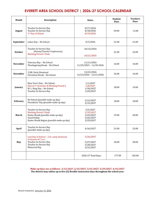 Everett Area School District 2026–2027 Academic Calendar Page 2