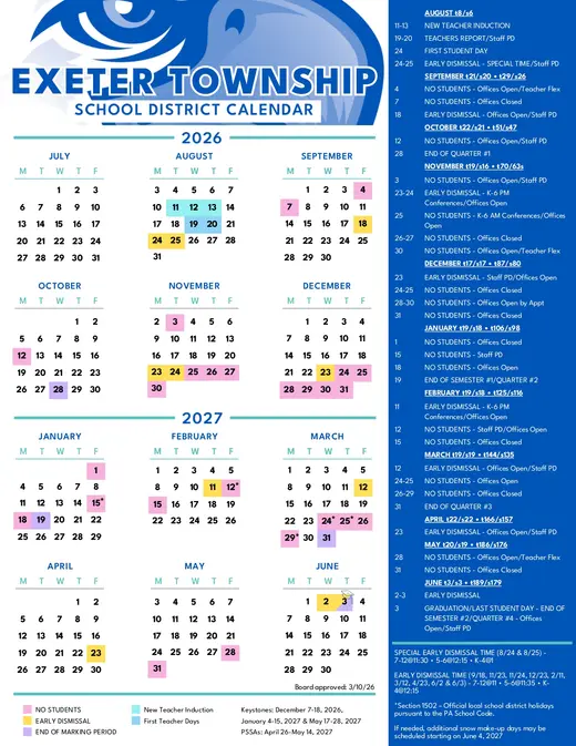 Exeter Township School District 2026–2027 Academic Calendar Page 1