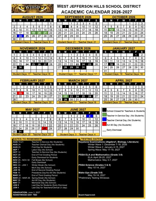 Exeter Township School District 2026–2027 Academic Calendar Page 2