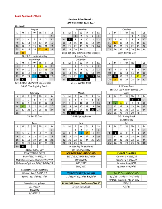 Fairview School District 2026–2027 Academic Calendar