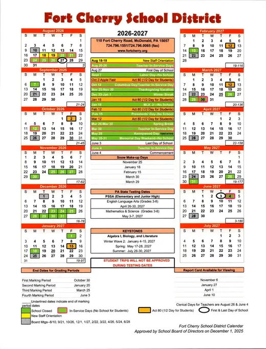 Fort Cherry School District 2026–2027 Academic Calendar Page 1