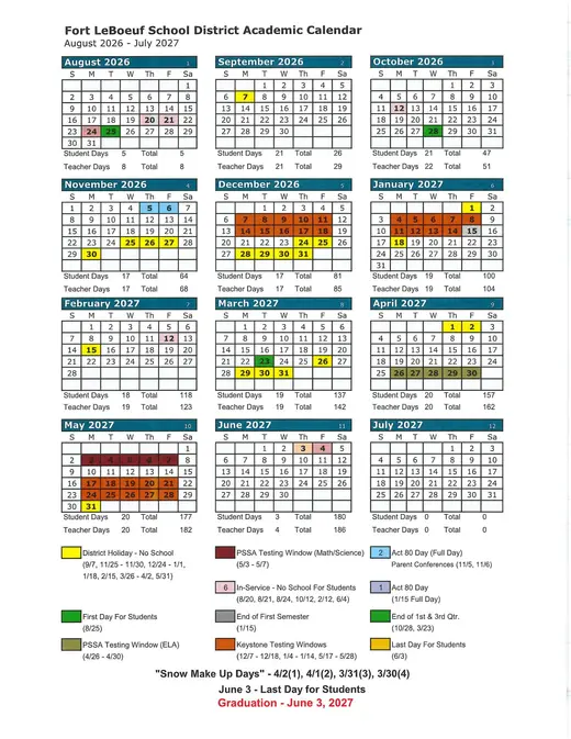 Fort Leboeuf School District 2026–2027 Academic Calendar Page 1