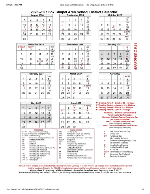 Fox Chapel Area School District 2026–2027 Academic Calendar Page 1