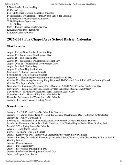 Fox Chapel Area School District 2026–2027 Academic Calendar Page 3