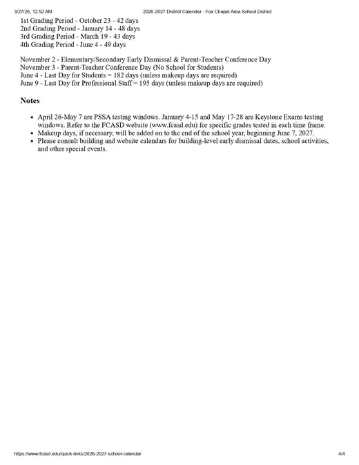 Fox Chapel Area School District 2026–2027 Academic Calendar Page 4