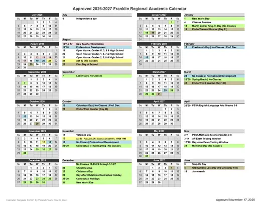Franklin Regional 2026–2027 Academic Calendar