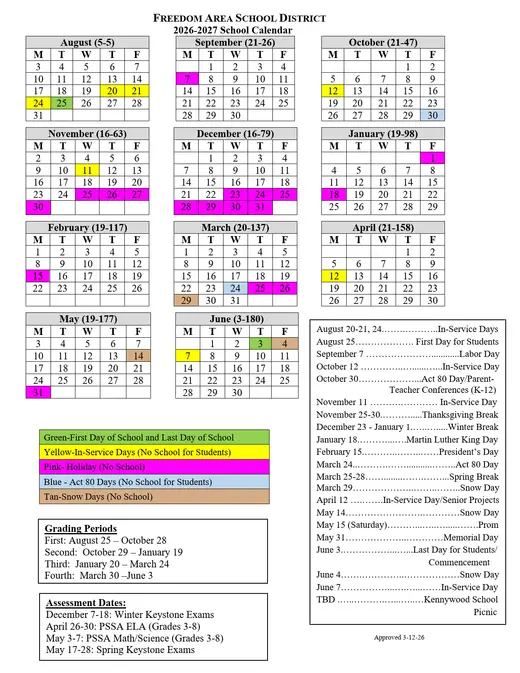 Freedom Area School District 2026–2027 Academic Calendar Page 1