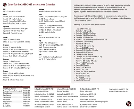 Garnet Valley School District 2026–2027 Academic Calendar Page 1