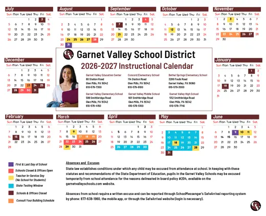 Garnet Valley School District 2026–2027 Academic Calendar Page 2