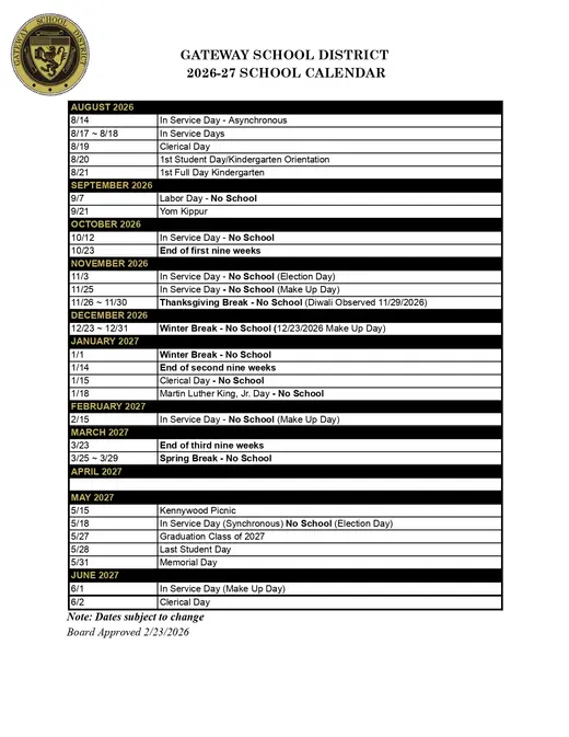Gateway School District 2026–2027 Academic Calendar
