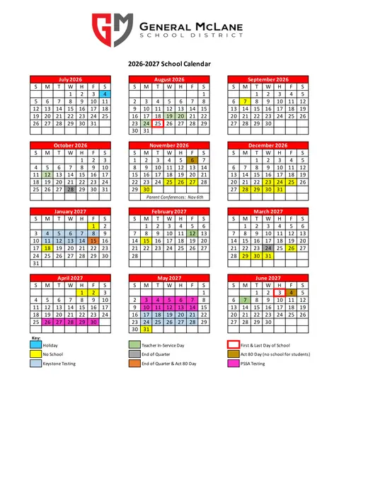 General Mclane School District 2026–2027 Academic Calendar Page 1