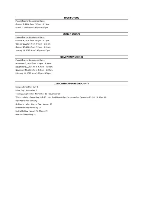 Gettysburg Area School District 2026–2027 Academic Calendar Page 1