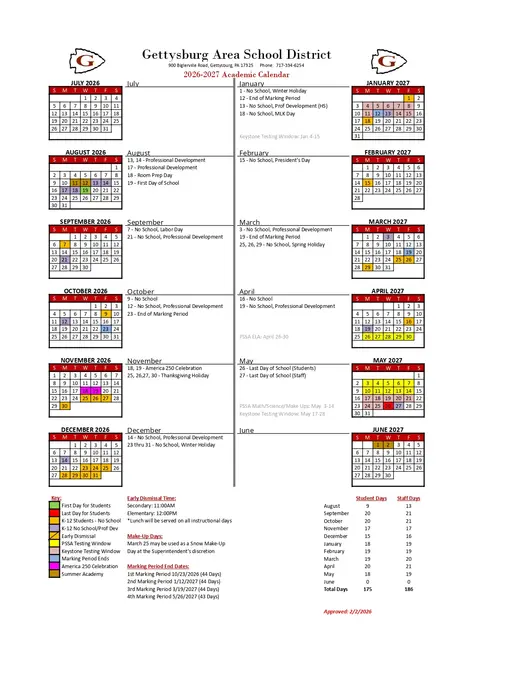 Gettysburg Area School District 2026–2027 Academic Calendar Page 2