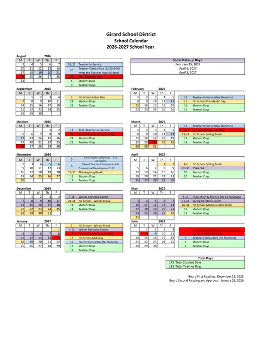 Girard School District 2026–2027 Academic Calendar