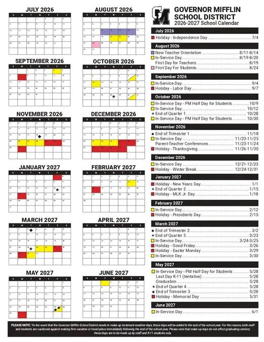 Governor Mifflin School District 2026–2027 Academic Calendar