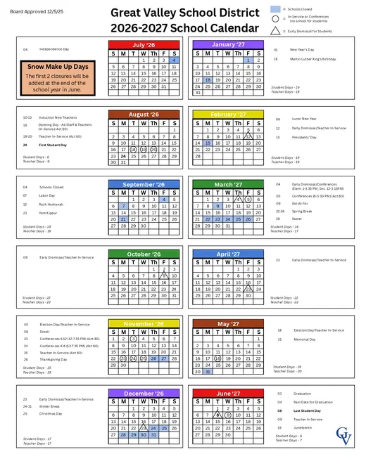 Great Valley School District 2026–2027 Academic Calendar