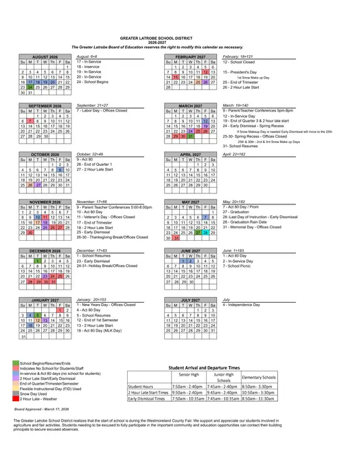 Greater Latrobe School District 2026–2027 Academic Calendar Page 1