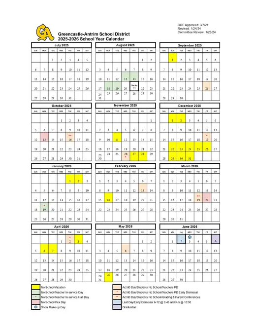 Greencastle-Antrim School District 2025–2026 Academic Calendar