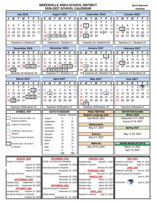Greenville Area School District 2026–2027 Academic Calendar Page 1