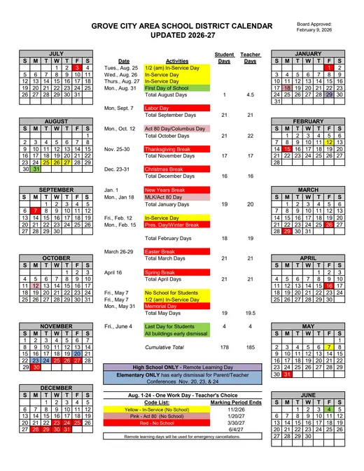 Grove City Area School District 2026–2027 Academic Calendar Page 1