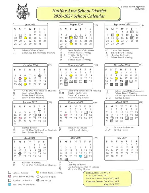 Halifax Area School District 2026–2027 Academic Calendar Page 1