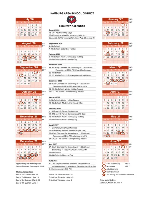 Hamburg Area School District 2026–2027 Academic Calendar Page 1