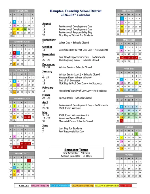 Hampton Township School District 2026–2027 Academic Calendar Page 1