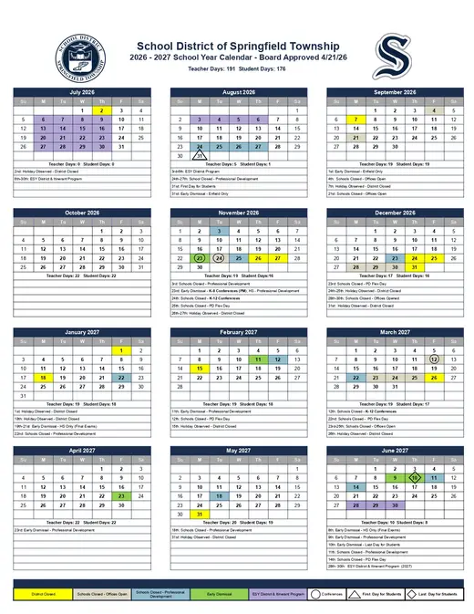 Hampton Township School District 2026–2027 Academic Calendar Page 2