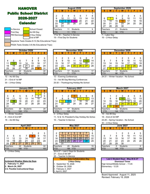 Hanover Public School District 2026–2027 Academic Calendar