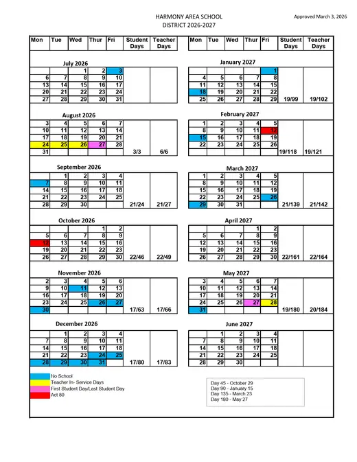 Harmony Area School District 2026–2027 Academic Calendar Page 1