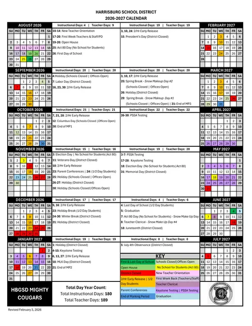 Harrisburg School District 2026–2027 Academic Calendar