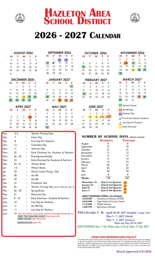 Hazleton Area School District 2026–2027 Academic Calendar