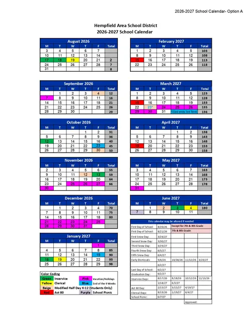 Hempfield Area School District 2026–2027 Academic Calendar