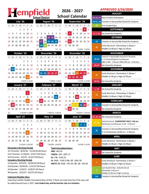 Hempfield School District 2026–2027 Academic Calendar