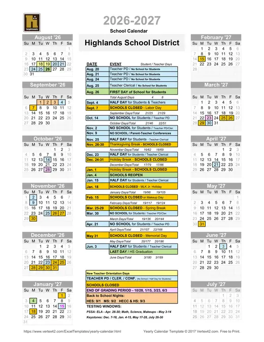 Highlands School District 2026–2027 Academic Calendar Page 1