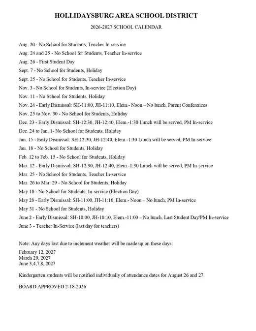 Hollidaysburg Area School District 2026–2027 Academic Calendar