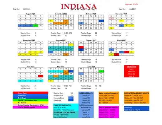 Indiana Area School District 2026–2027 Academic Calendar Page 1