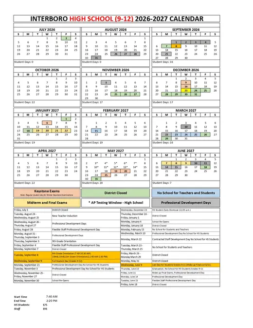 Interboro High School 2026–2027 Academic Calendar Page 1