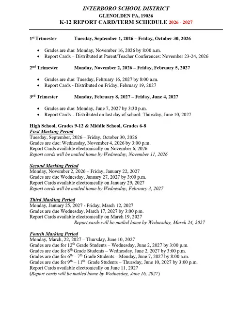 Interboro High School 2026–2027 Academic Calendar Page 2