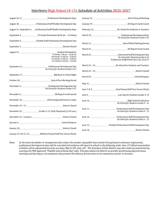 Interboro High School 2026–2027 Academic Calendar Page 3