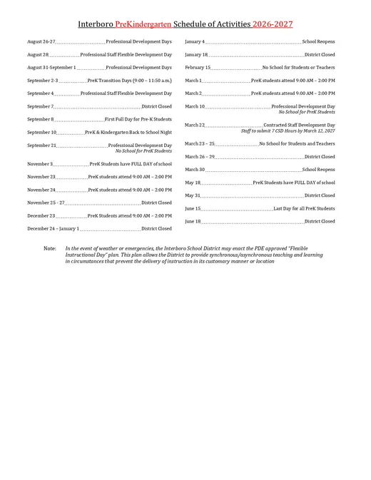 INTERBORO Pre-K 2026–2027 Academic Calendar Page 1