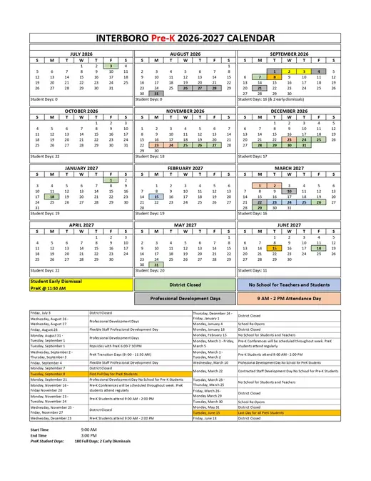 INTERBORO Pre-K 2026–2027 Academic Calendar Page 2