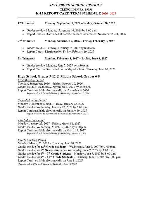 Interboro School District 2026–2027 Academic Calendar Page 1