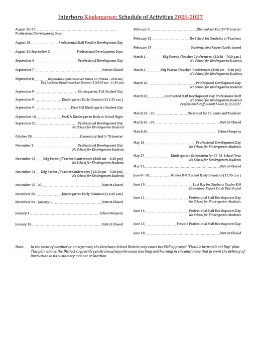 Interboro School District 2026–2027 Academic Calendar Page 2