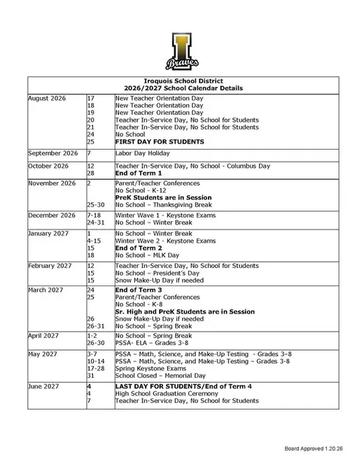 Iroquois School District 2026–2027 Academic Calendar Page 1