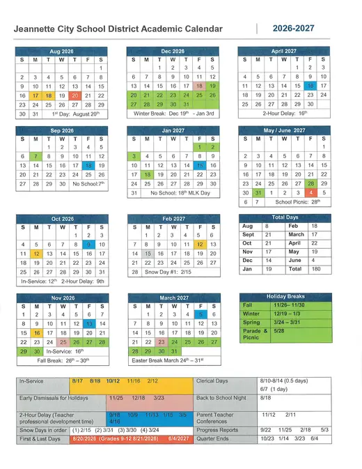 Jeannette City School District 2026–2027 Academic Calendar Page 1