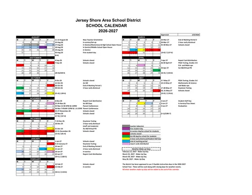 Jersey Shore Area School District 2026–2027 Academic Calendar